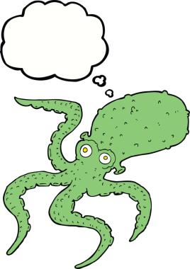 Bir insan tarafından çizilmiş düşünce baloncuklu ahtapot.