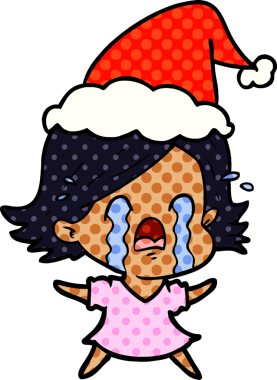 Bir insanın çizdiği Noel Baba şapkasıyla ağlayan bir kadının el çizimi çizgi roman tasviri.