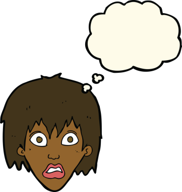 Bir insan tarafından çizilmiş düşünce baloncuğu olan korkmuş bir karikatür.