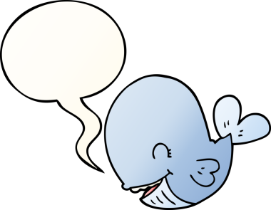 Bir insan tarafından çizilmiş, konuşma baloncuklu çizgi film balinası.