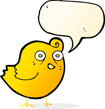 Bir insan tarafından çizilmiş konuşma baloncuklu komik çizgi film kuşu.