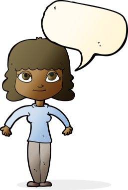 Bir insan tarafından çizilmiş konuşma baloncuğuyla omuz silken çizgi film kadını.