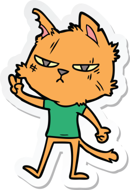 Sert bir çizgi film kedisinin çıkartması Bir insan tarafından çizilmiş zafer işareti