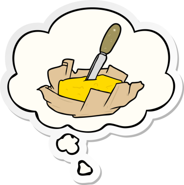 Düşünce baloncuklu çizgi film tereyağı insan tarafından çizilmiş bir çıkartma.