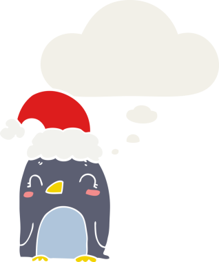 Düşünce baloncuğu olan sevimli noel pengueni insan tarafından çizilmiş.