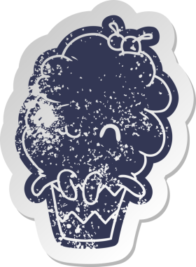 Sıkıntılı eski çizgi film etiketi kawaii ahtapot keki bir insan tarafından çizilmiş.