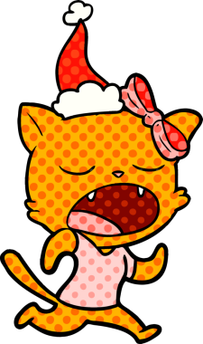 Bir insan tarafından çizilmiş Noel Baba şapkası giyen esneyen bir kedinin el çizimi çizgi roman çizimi.