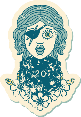 Bir insan tarafından çizilmiş doğal yirmi zarlı bir dolandırıcının grunge etiketi.