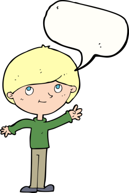 Bir insan tarafından çizilmiş konuşma balonu olan mutlu bir çocuk.