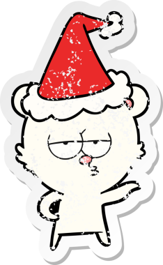 Sıkıcı kutup ayısı eli bir insan tarafından çizilmiş Noel Baba şapkasının sıkıntılı çıkartması çizilmiş.