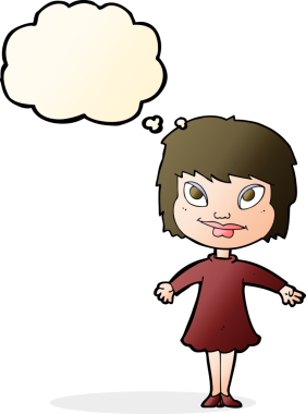 Bir insan tarafından çizilmiş düşünce baloncuğuyla omuz silken çizgi film kızı.