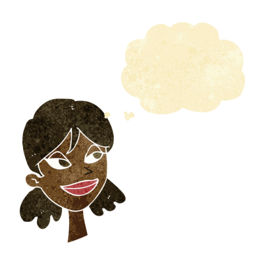 Bir insan tarafından çizilmiş düşünce baloncuklu mutlu kadın yüzü.