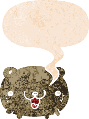 Komik çizgi film ayısı grunge 'da konuşma baloncuğu olan sıkıntılı eski moda bir insan tarafından çizilmiş.