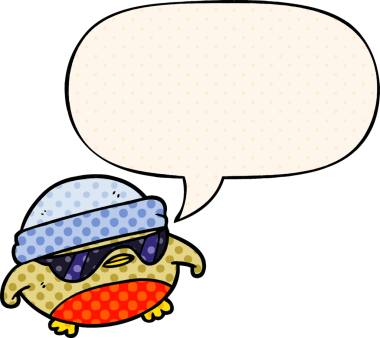 havalı noel robin çizgi filmi güneş gözlüklü, çizgi roman tarzı konuşan bir insan tarafından çizilmiş.