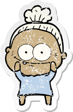 Bir insan tarafından çizilmiş mutlu, yaşlı bir kadının sıkıntılı çıkartması.