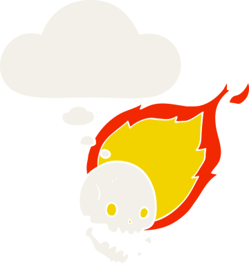 Bir insan tarafından çizilmiş düşünce baloncuklu korkunç karikatür alevli kafatası