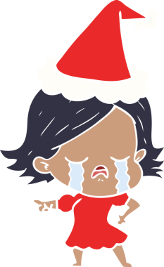 Bir kızın ağladığı ve Noel Baba şapkası taktığını gösteren düz bir resim.