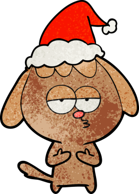 Bir insan tarafından çizilmiş Noel Baba şapkası giymiş sıkılmış bir köpeğin el çizimi karikatürü.