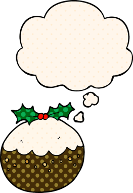 Bir insan tarafından çizilmiş çizgi roman tarzı düşünce baloncuklu noel pudingi.