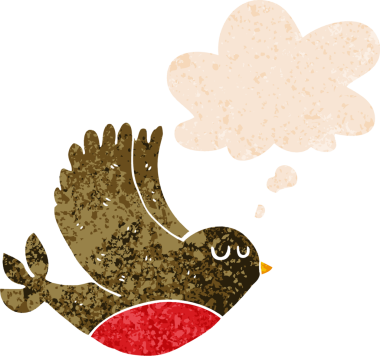 Düşünce baloncuğu ve grunge ile uçan kuş dertli retro dokuma bir insan tarafından çizilmiş