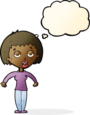 Bir insan tarafından çizilmiş düşünce baloncuğuyla omuz silken çizgi film kadını.