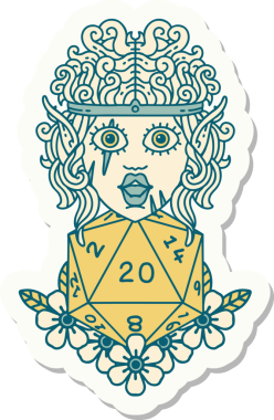 Bir insan tarafından çizilmiş 20 zarlı elf barbar karakterinin çıkartması.