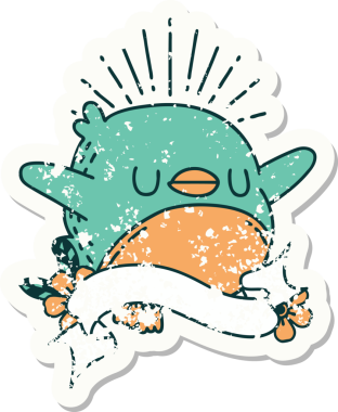 Bir insan tarafından çizilmiş eski bir dövme stili kanat çırpan robin çıkartması.