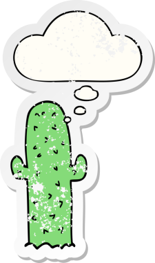 Düşünce baloncuğu olan çizgi film kaktüsü insan tarafından çizilmiş yıpranmış bir çıkartma.