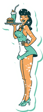 Geleneksel stil yapıştırmalı dövmeli, bir insan tarafından çizilmiş garson kız resmi.