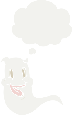 Düşünce baloncuğu olan, bir insan tarafından çizilmiş tuhaf bir çizgi film hayaleti.