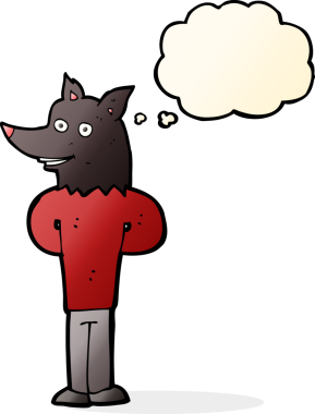 Bir insan tarafından çizilmiş düşünce balonlu bir kurt adam.