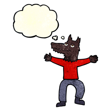 Bir insan tarafından çizilmiş düşünce balonlu bir kurt adam.