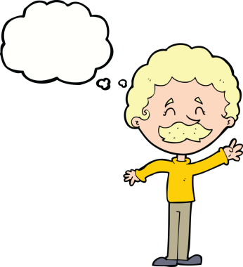 Bir insan tarafından çizilmiş düşünce baloncuğuyla bıyıklı çizgi film adamı.