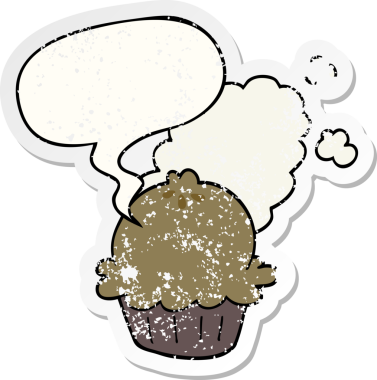 Konuşma baloncuğu olan şirin bir çizgi film pastası bir insan tarafından çizilmiş sıkıntılı eski bir çıkartma.