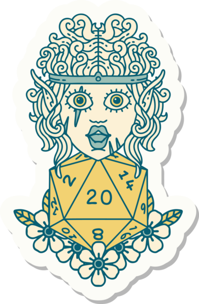 Bir insan tarafından çizilmiş 20 zarlı elf barbar karakterinin çıkartması.