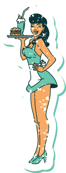 Geleneksel stil yapıştırmalı dövmeli, bir insan tarafından çizilmiş garson kız resmi.