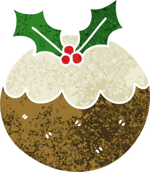 Bir insan tarafından çizilmiş retro illüstrasyon tarzı tuhaf bir çizgi film noel pudingi.