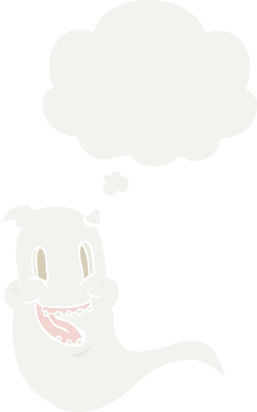 Düşünce baloncuğu olan, bir insan tarafından çizilmiş tuhaf bir çizgi film hayaleti.