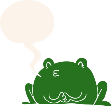 Bir insan tarafından çizilmiş konuşma baloncuğu olan sevimli çizgi film kurbağası.