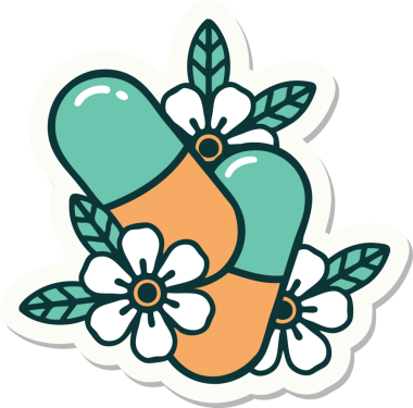 Bir insan tarafından çizilmiş geleneksel hap ve çiçek stili dövme çıkartması.