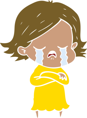 Bir insan tarafından çizilmiş düz renkli çizgi film kızı ağlıyor.