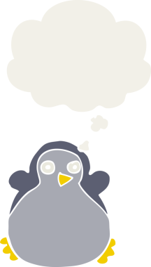 Düşünce baloncuğu olan bir penguen insan tarafından çizilmiş.