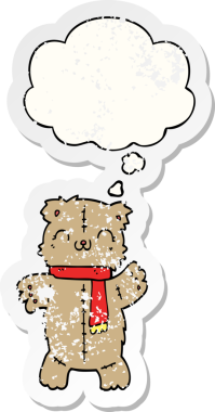 Düşünce baloncuğu olan çizgi film ayısı insan tarafından çizilmiş yıpranmış bir çıkartma.