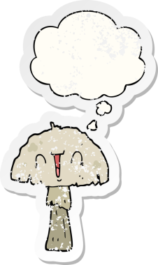 Düşünce baloncuğu olan karikatür mantarı insan tarafından çizilmiş yıpranmış bir çıkartma.