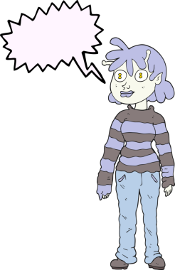 Bir insan tarafından çizilmiş serbest konuşma balonu karikatürü gelişigüzel uzaylı kız.