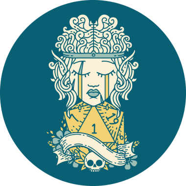 Retro Dövme Tarzı Ağlayan Elf Barbar Karakteri Bir D20 rulosu Bir insan tarafından çizilmiş