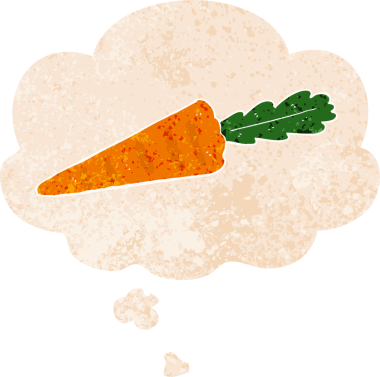 Düşünce baloncuklu çizgi film havucu grunge sıkıntı retro dokuma tarzı bir insan tarafından çizilmiş