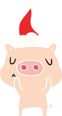 Bir insan tarafından çizilmiş Noel Baba şapkası giyen bir domuzun el çizimi düz renk çizimi.