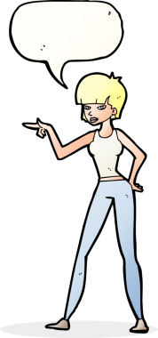 Bir insan tarafından çizilmiş bir konuşma balonuyla işaret eden çizgi film kadını.