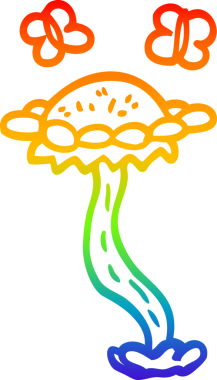 Gökkuşağı gradyan çizgisi bir karikatür çiçeği ve bir insan tarafından çizilmiş kelebekler.